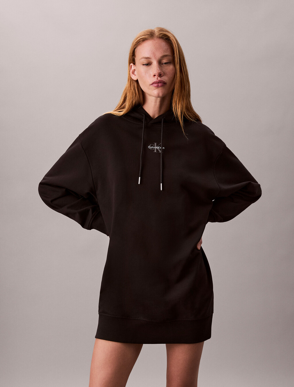 Monogram Hooded Sweatshirt Dress, Black, hi-res