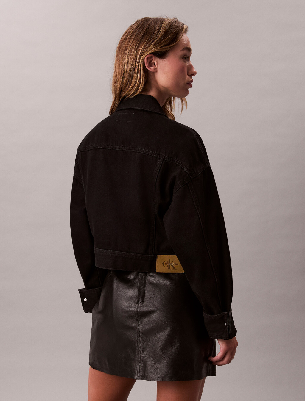 Cropped Zip Up Denim Jacket, SOFT BLACK, hi-res