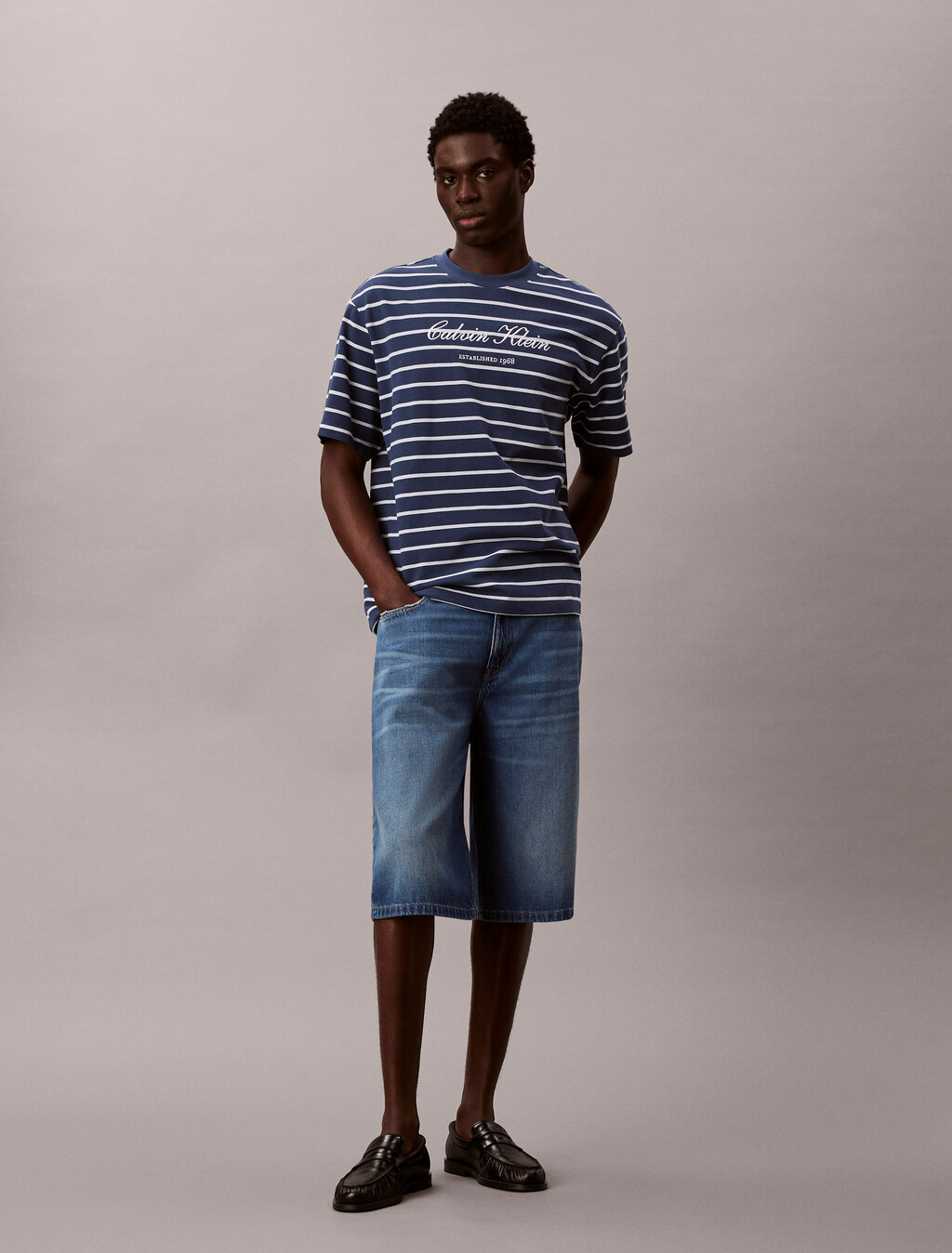 Relaxed Cotton Piqu&eacute; Stripe T-shirt, Dark Denim, hi-res