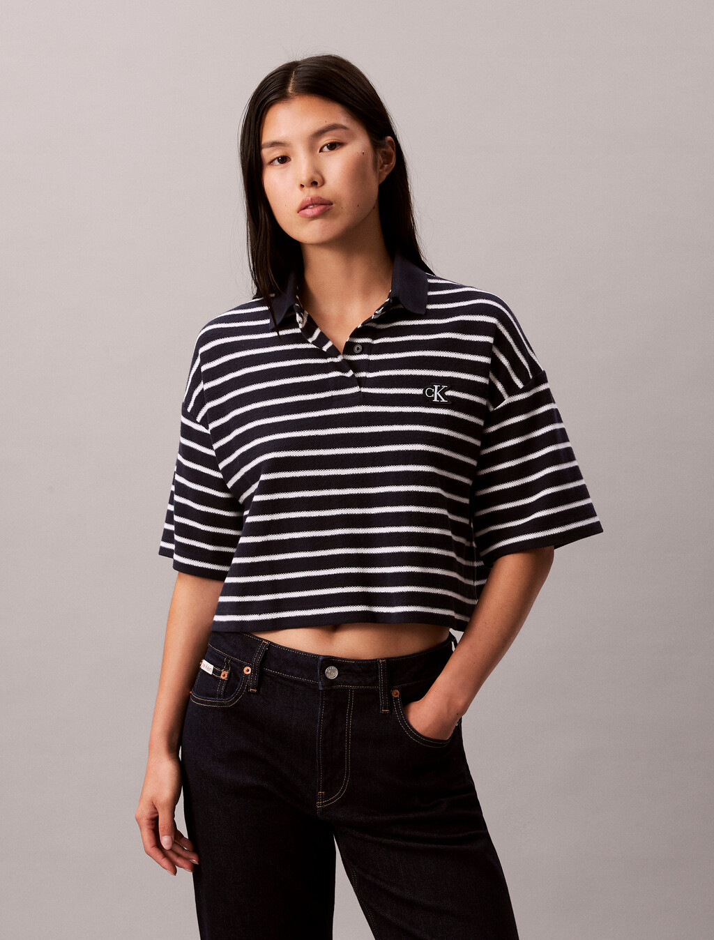 Stripe Cotton Pique Cropped Polo, Dark Sapphire, hi-res