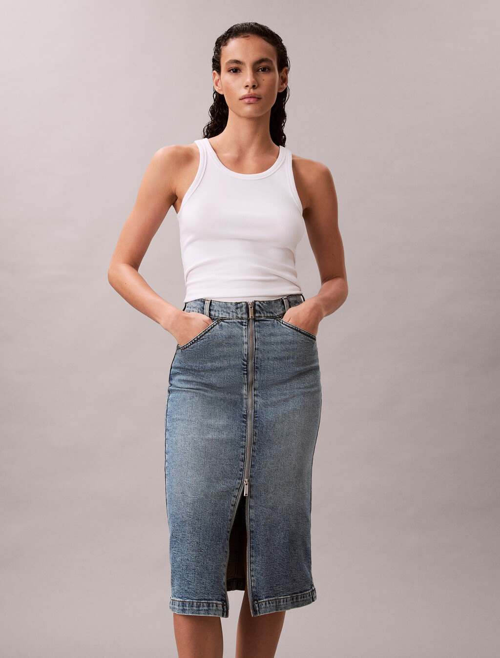 Front Zip Denim Skirt, VINTAGE ROAD, hi-res