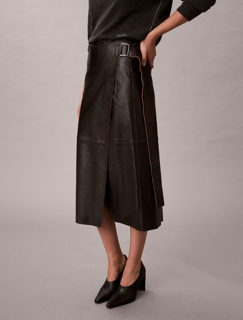 Leather Midi Wrap Skirt, Black, hi-res