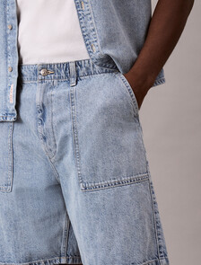 Cotton Linen Denim Shorts, SHALLOW TIDE, hi-res