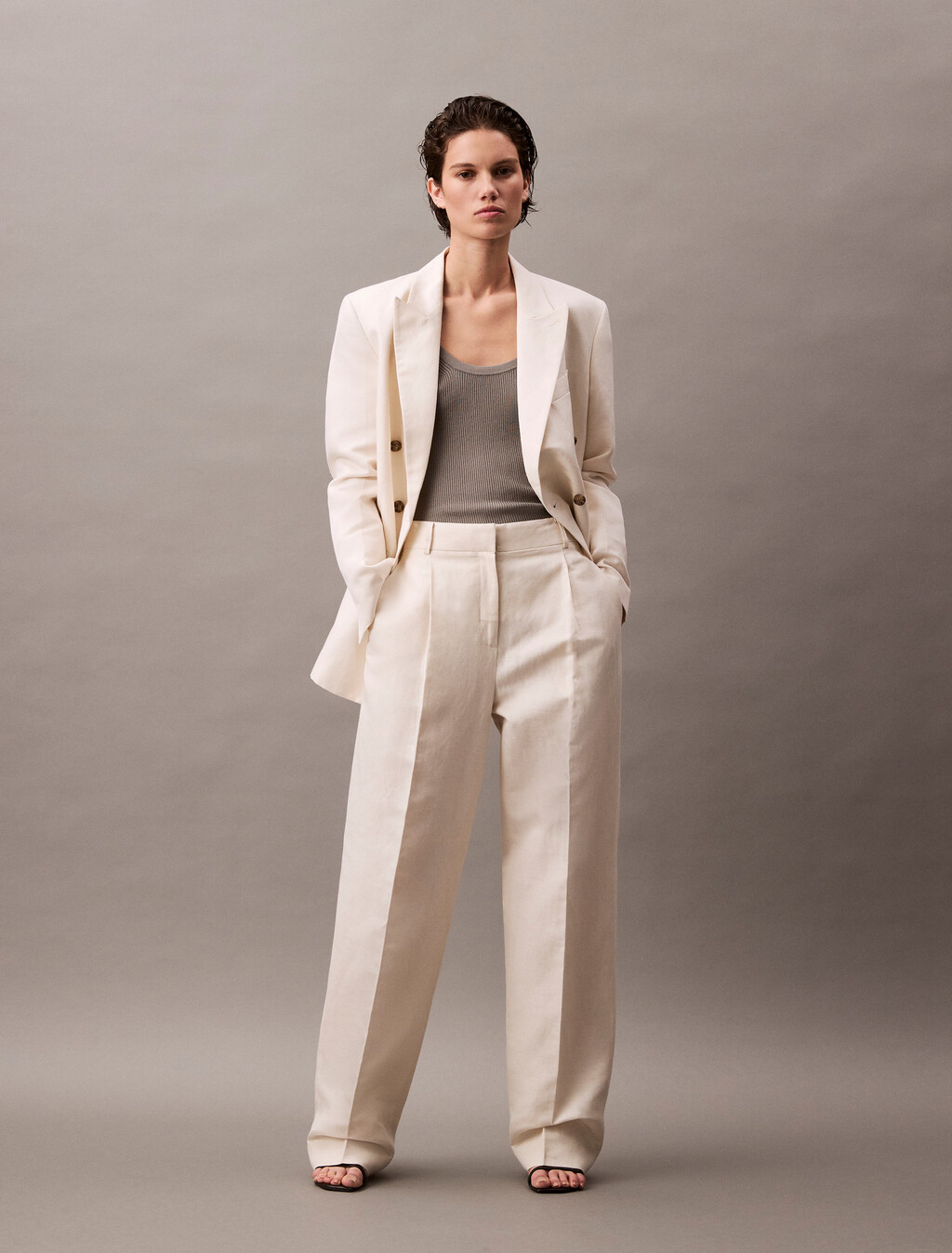 Relaxed Linen Pleated Trousers, Tofu, hi-res