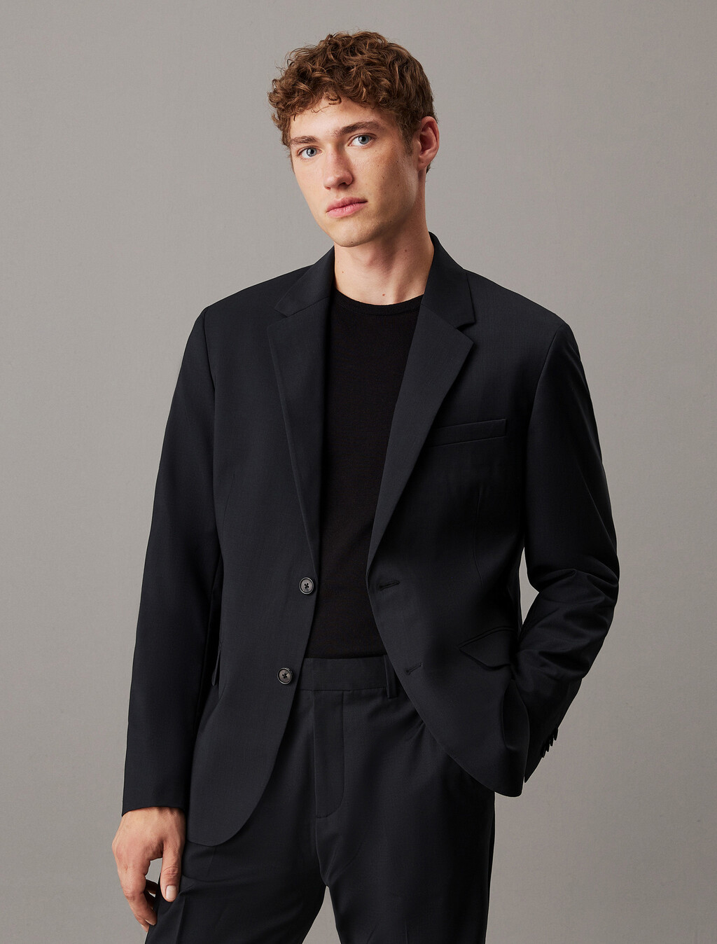 Refined Wool Blend Slim Blazer, Black, hi-res