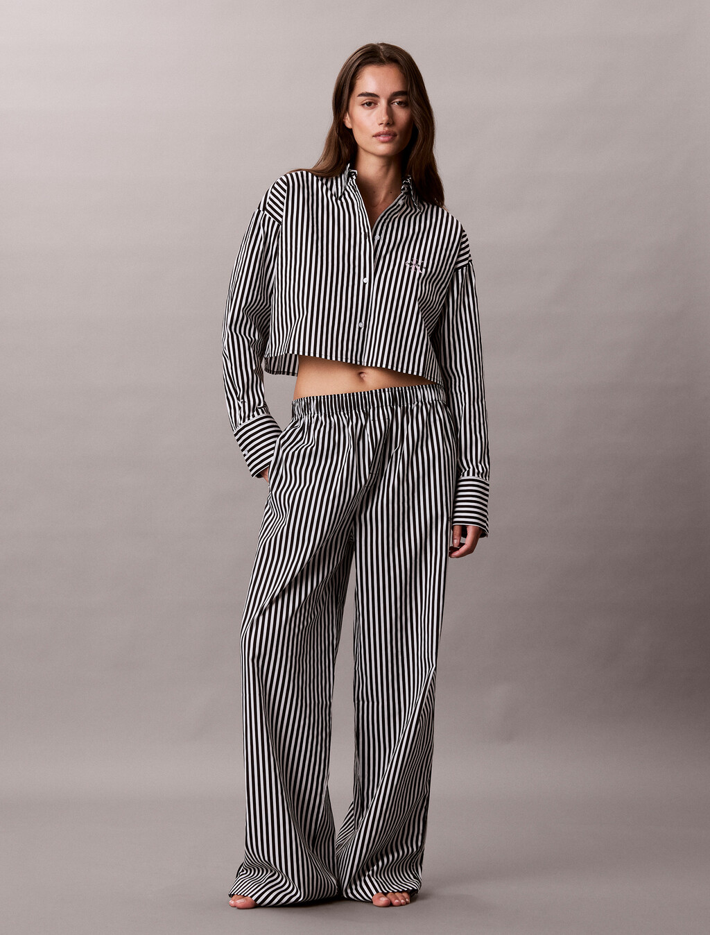 Cropped Cotton Poplin Pyjama Top, PENNY STRIPE+Black, hi-res