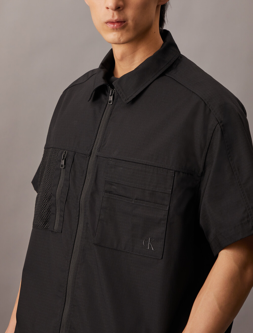Cooling Mixed Media Zip Up Overshirt, Ck Black, hi-res