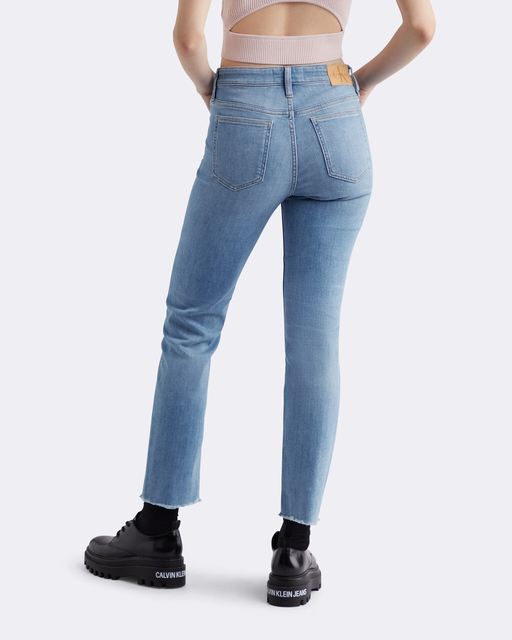 Italian Denim High Rise Distressed Slim Straight Jeans, 205 LIGHT RWH, hi-res