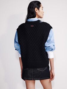 Merino Wool Cable Knit Relaxed Vest, Black, hi-res
