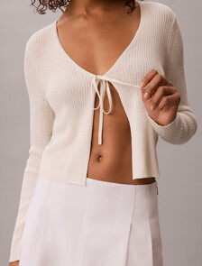 Linen Blend Tie Front Cardigan, Tofu, hi-res