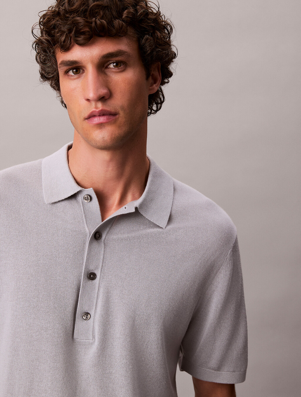 Silk Cashmere Polo Sweater, Gray Marble, hi-res
