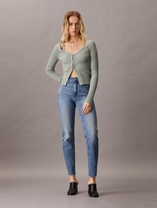 Italian Denim High Rise Slim Frayed Hem Jeans, Denim Medium, hi-res