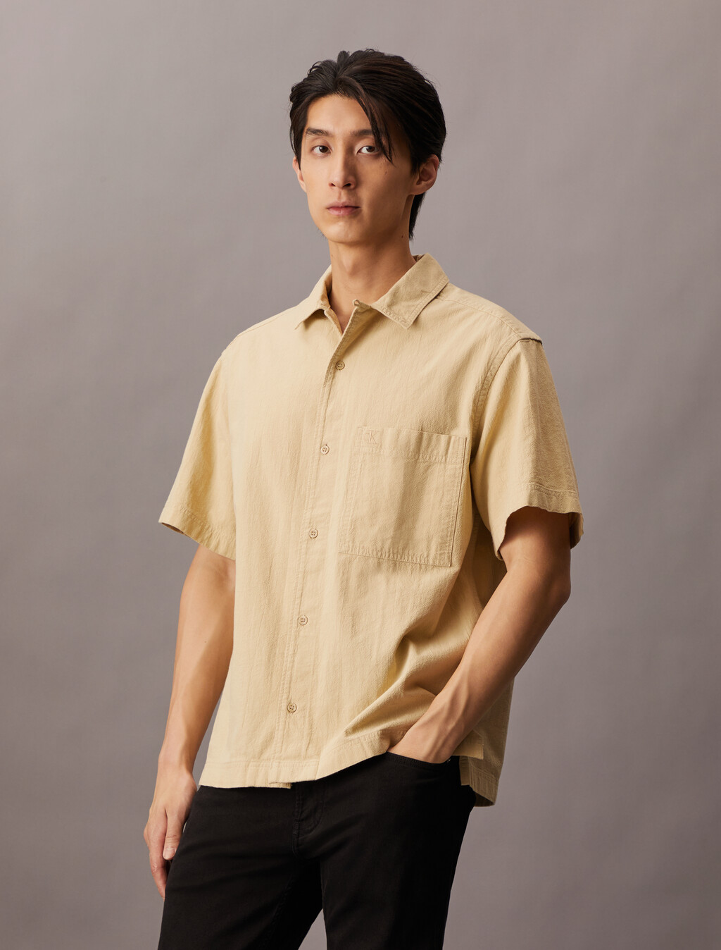 Summer Utility Textured Cotton Shirt, Pale Khaki, hi-res