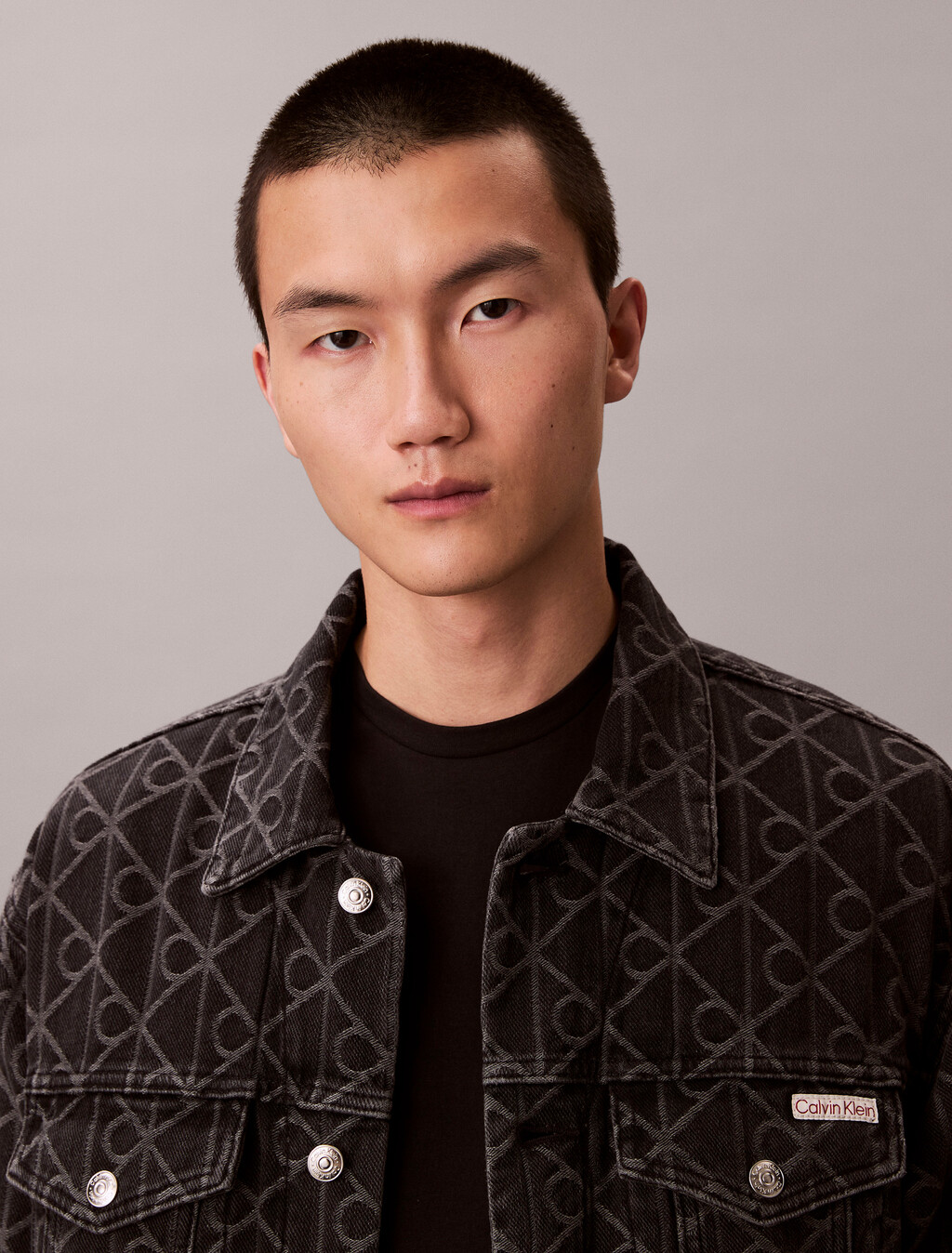 90s Signature Emblem Jacquard Denim Trucker, BLACK EMBLEM, hi-res