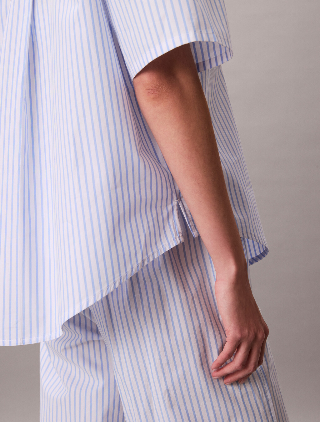 Cotton Poplin Pyjama Button-Down Shirt, SERA STRIPE BLUE DESCENT, hi-res