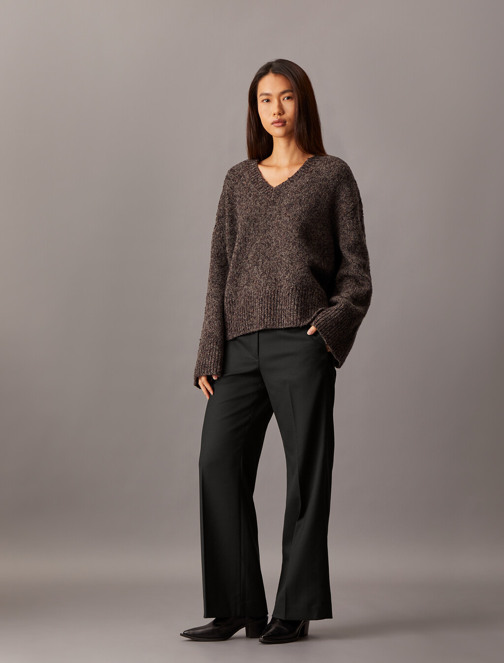 Coated Gabardine Flare Trousers, Black Beauty, hi-res
