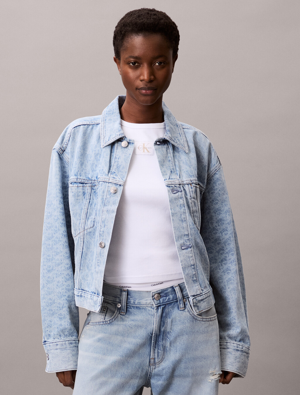 Monogram Logo Cropped Denim Jacket, CK LIGHT PRINTED, hi-res