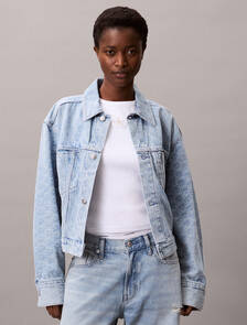 Monogram Logo Cropped Denim Jacket, CK LIGHT PRINTED, hi-res