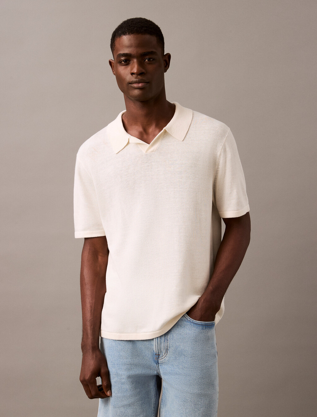 Linen Blend Short Sleeve Jumper, Tofu, hi-res