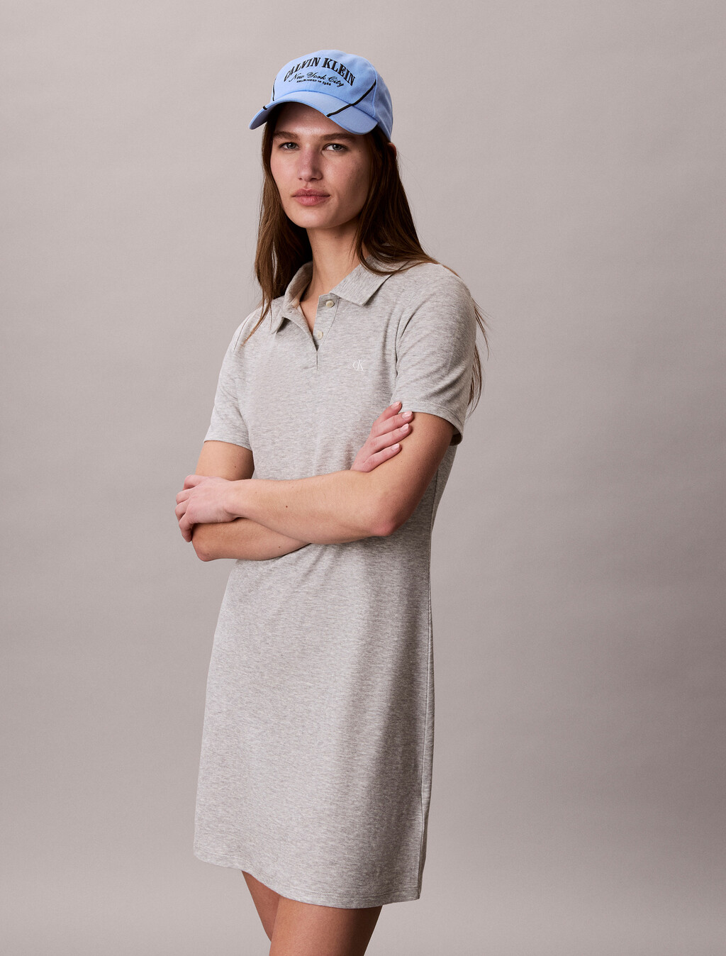 Cotton Lyocell Drape Polo Dress, B10 Grey Heather, hi-res