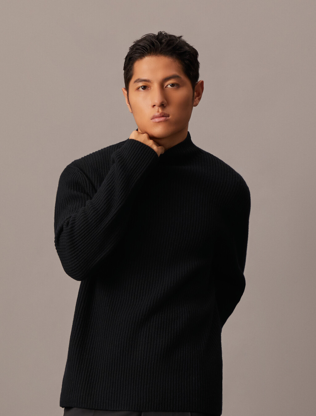 Woolen Rib Knit Mock Neck Sweater, Black, hi-res