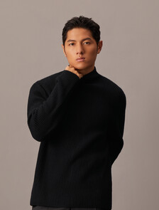 Woolen Rib Knit Mock Neck Sweater, Black, hi-res