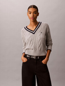 Cable Knit V-Neck Sweater, B10 Grey Heather, hi-res