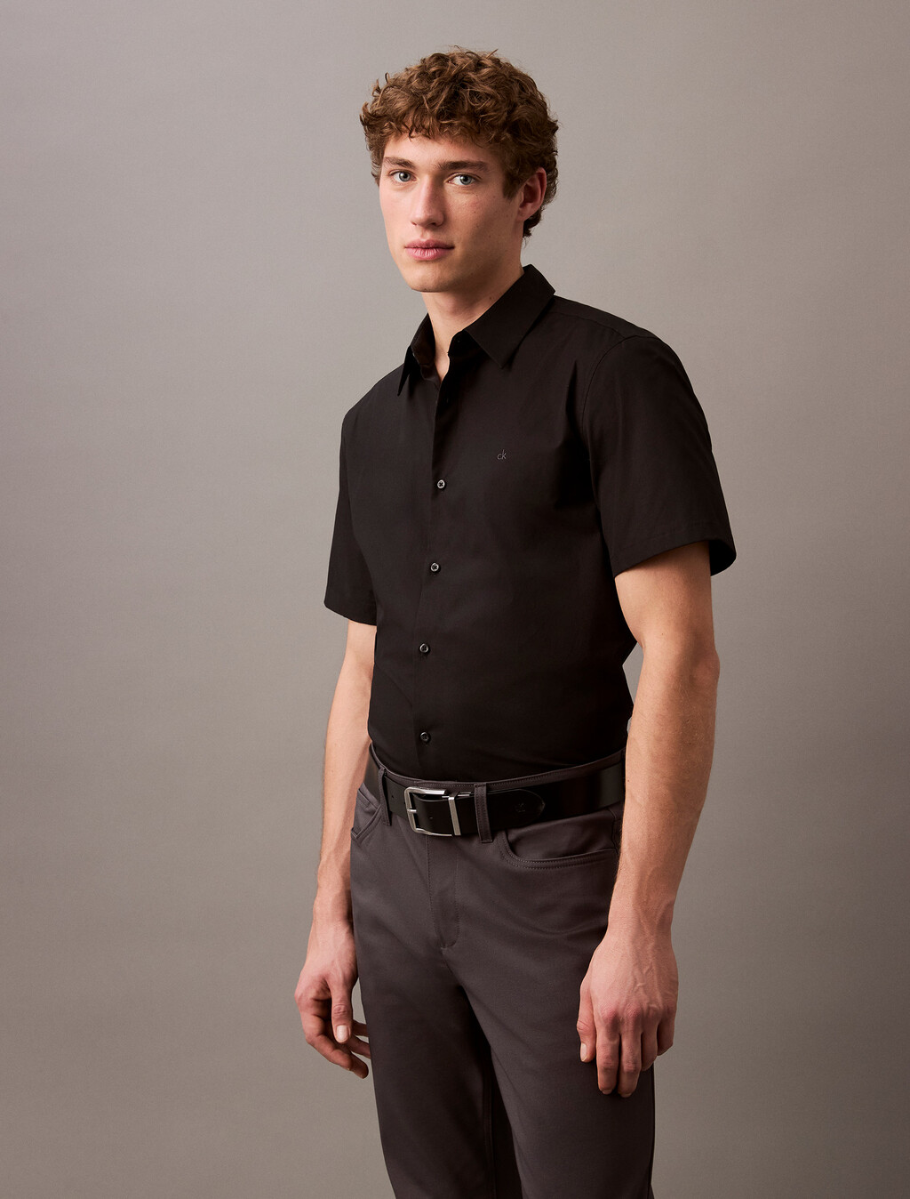 Stretch Cotton Slim Shirt, Black, hi-res