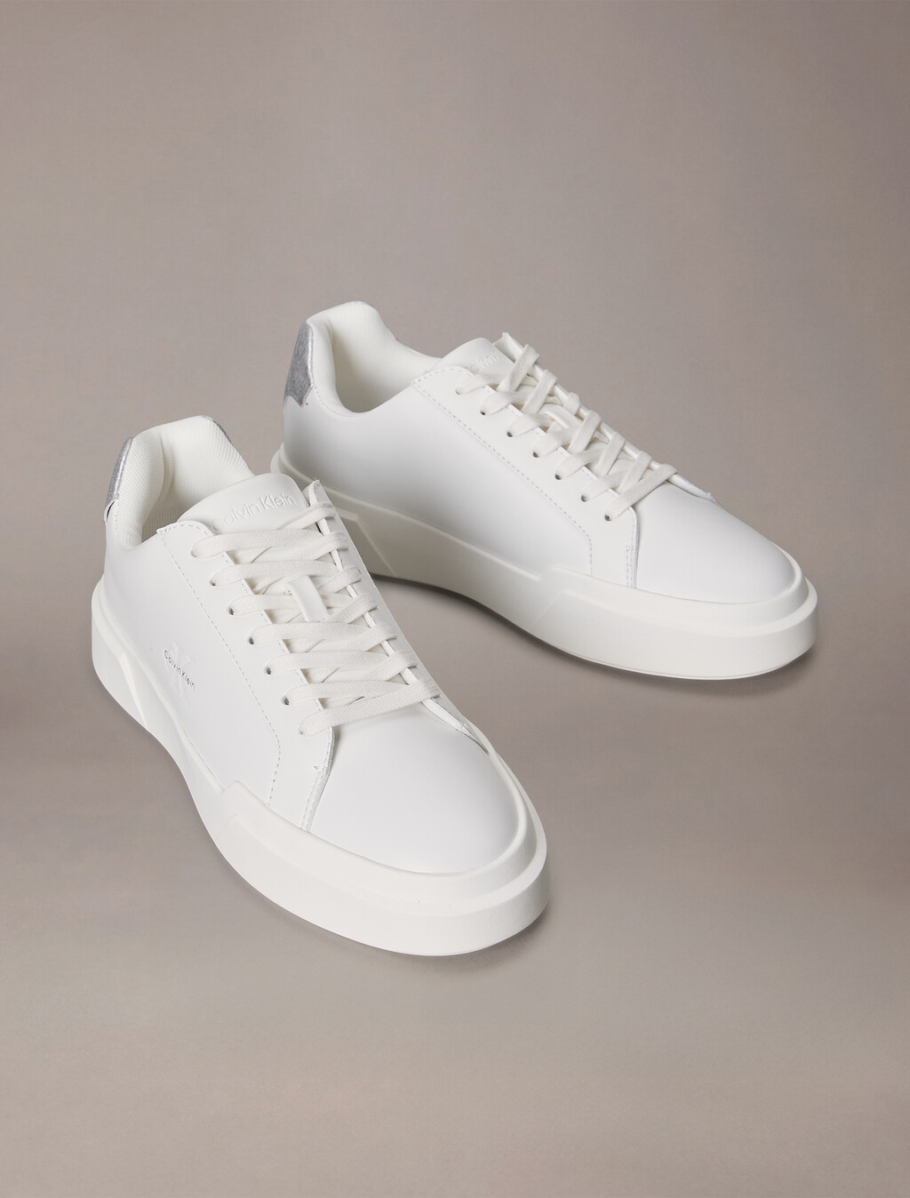 CK Avenue - Leather Logo Trainers, Bright White/Silver, hi-res