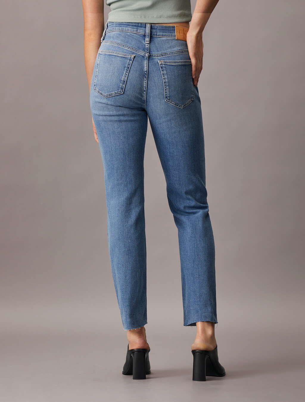 Italian Denim High Rise Slim Frayed Hem Jeans, Denim Medium, hi-res