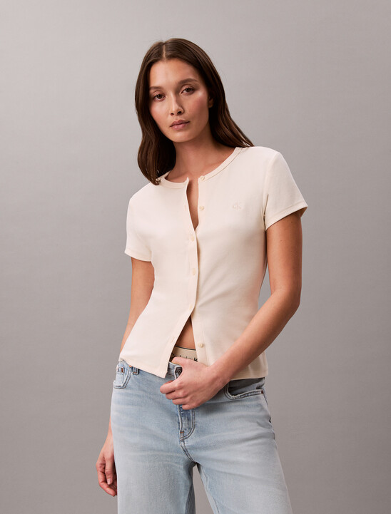 Slim Ribbed Button-Front T-shirt