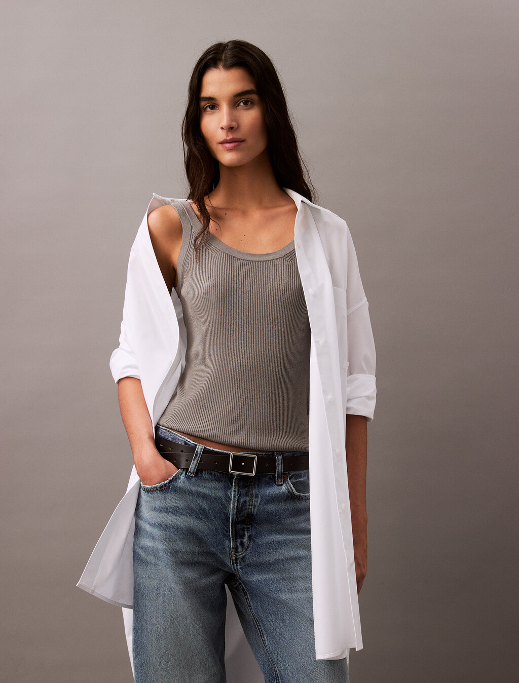 Viscose Rib Knit Tank Top, Turtledove, hi-res