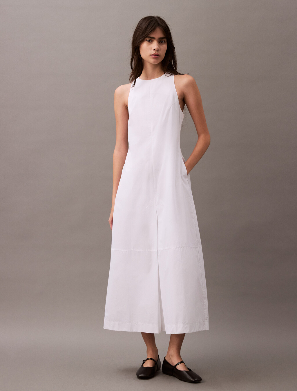 Cotton Poplin Box Pleat Midi Dress, Brilliant White, hi-res