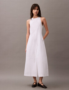 Cotton Poplin Box Pleat Midi Dress, Brilliant White, hi-res