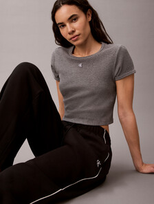 Monogram Cotton Terry Contrast Piping Pant, Black, hi-res
