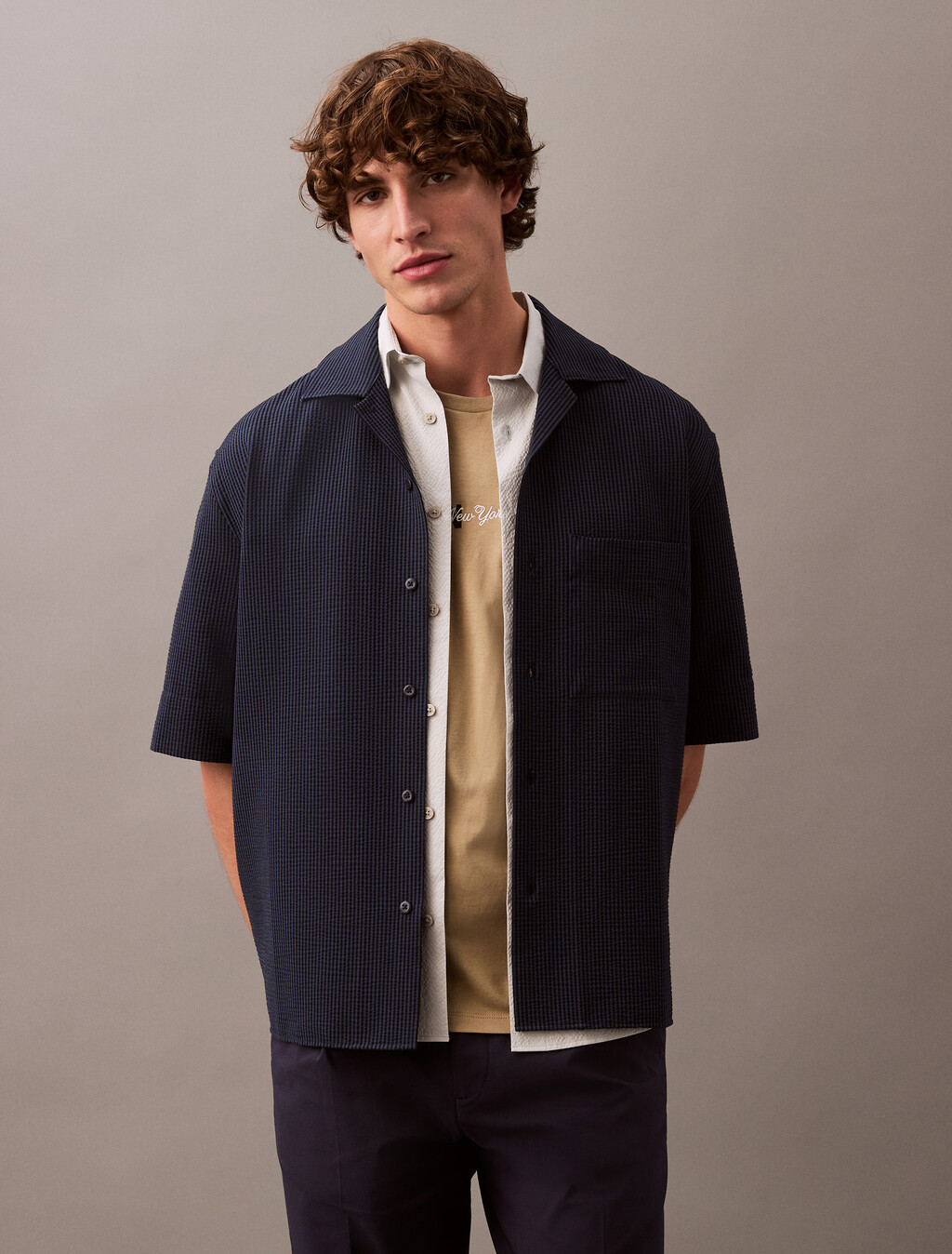 Seersucker Short Sleeve Shirt, Dark Sapphire, hi-res