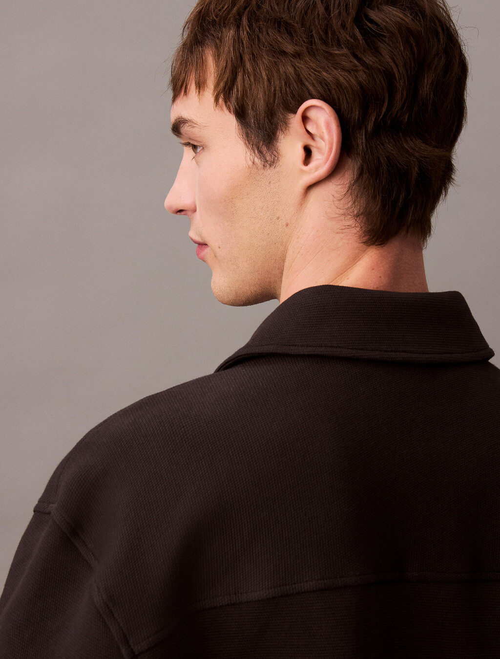 Textured Pique Relaxed Overshirt, Black, hi-res