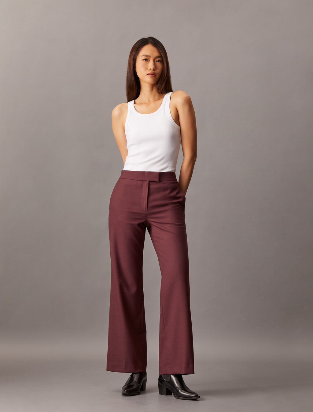 Coated Gabardine Flare Trousers, Red Mahogany, hi-res