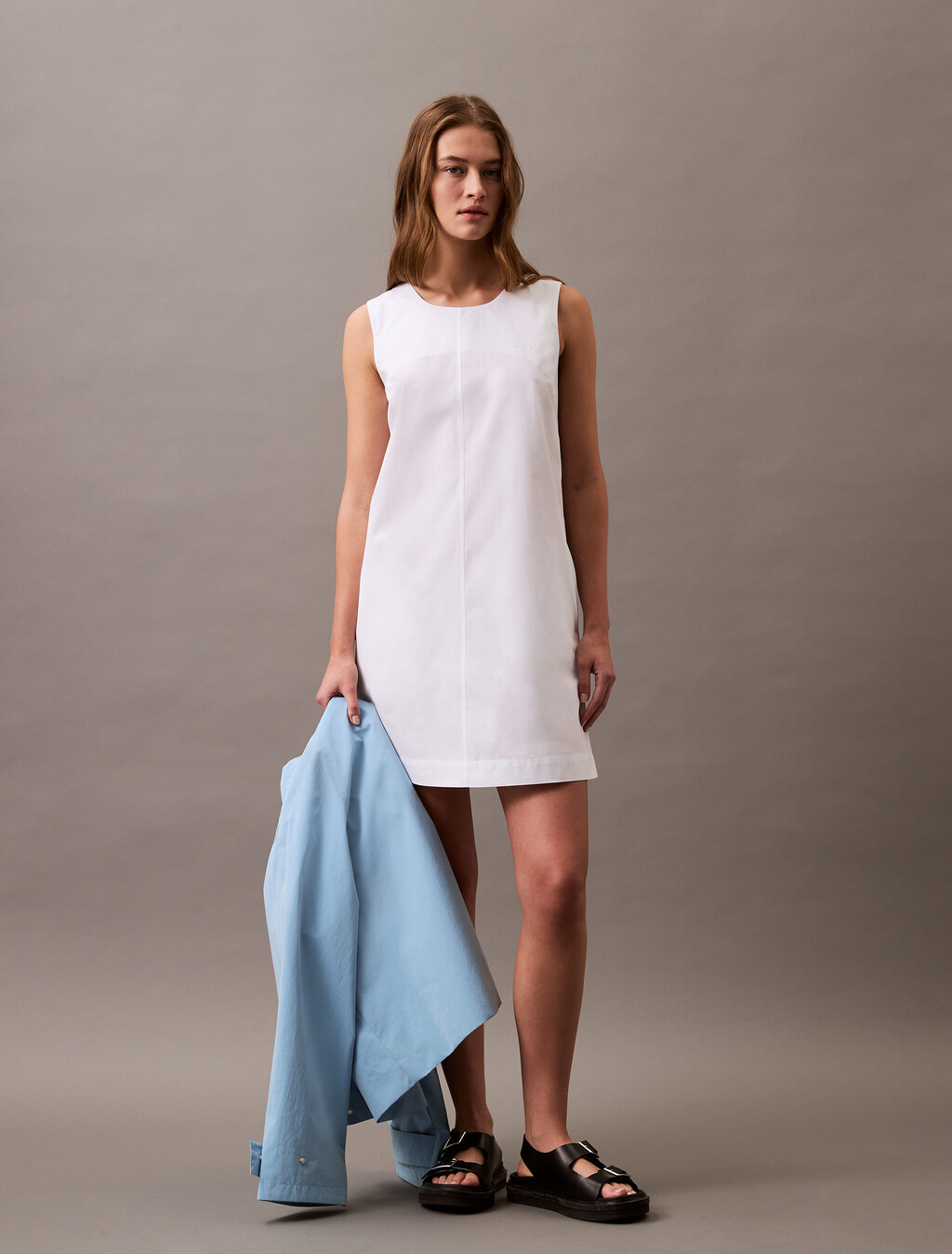 Sleeveless Cotton Poplin Mini Dress, Brilliant White, hi-res