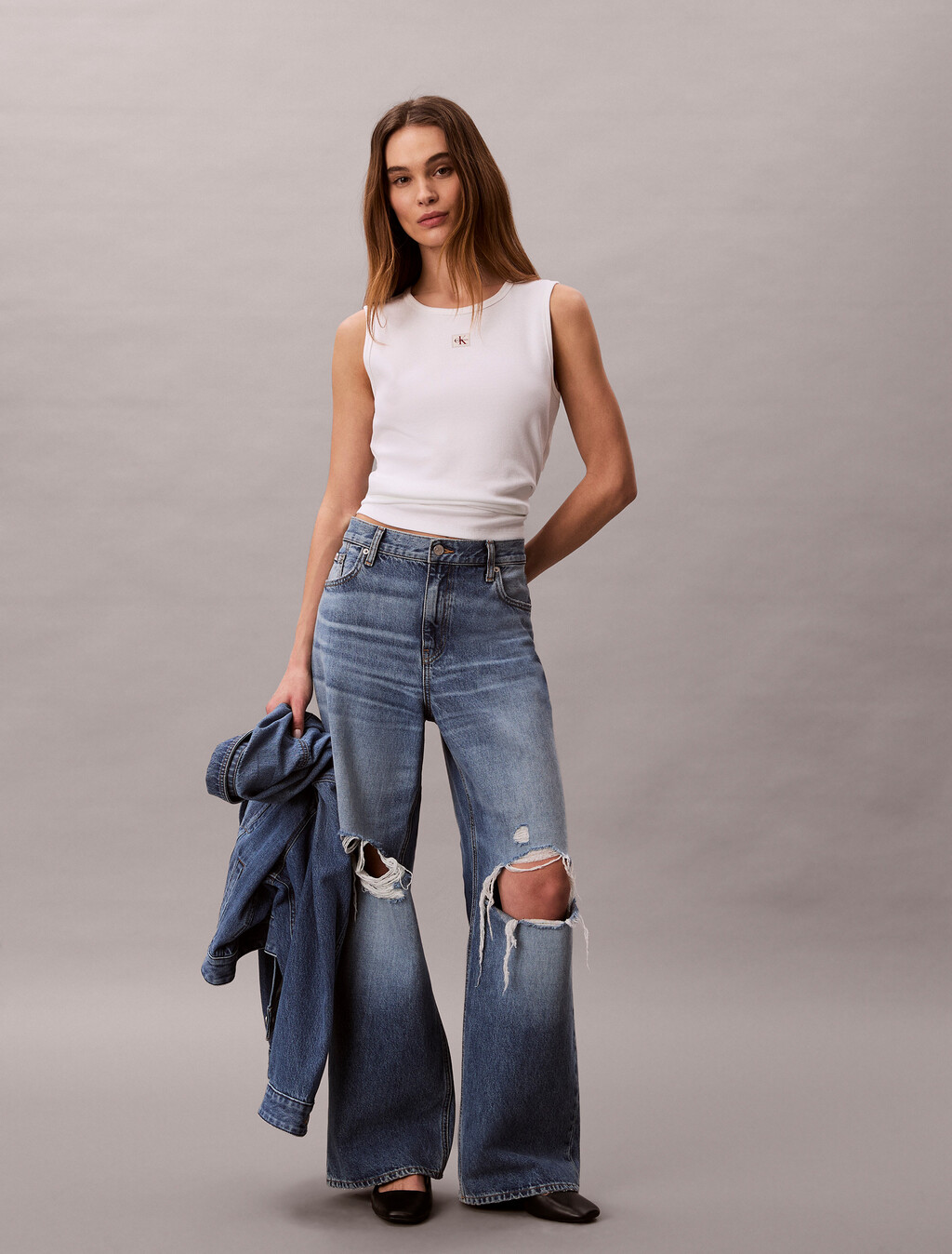 Monogram Label Cutout Tank Top, Bright White, hi-res