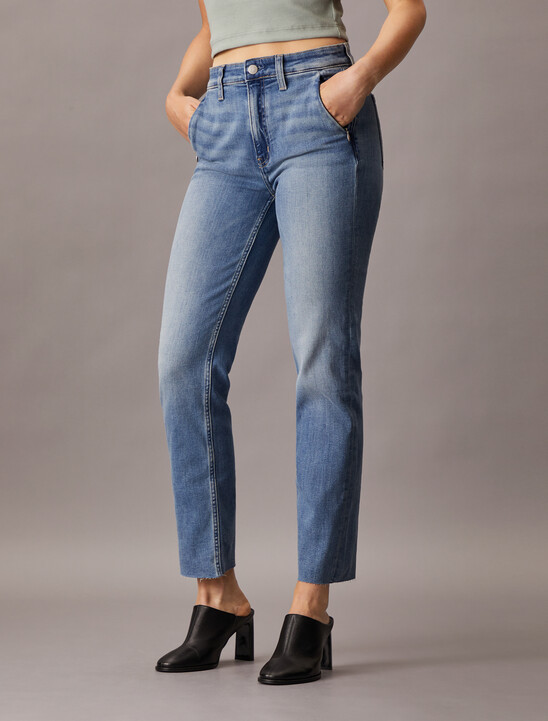 Italian Denim High Rise Slim Frayed Hem Jeans