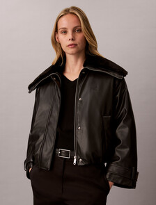 Faux Leather Bomber Jacket, Black, hi-res