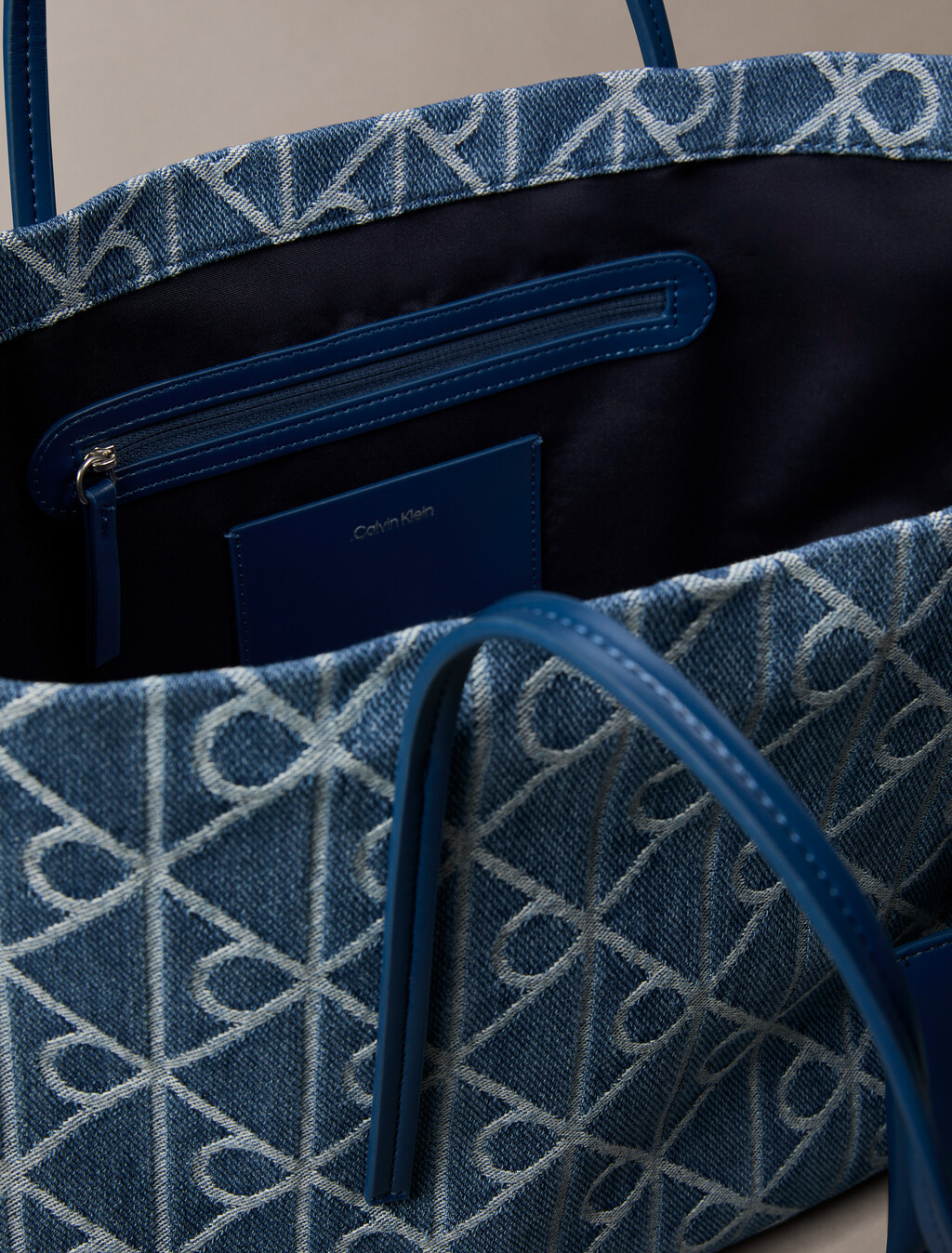 Large Denim Jacquard Tote Bag with Pouch, Denim JQD Medium Wash, hi-res