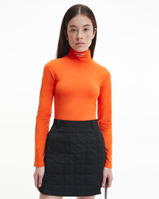 STACKED LONG SLEEVE ROLL NECK TOP, Coral Orange, hi-res
