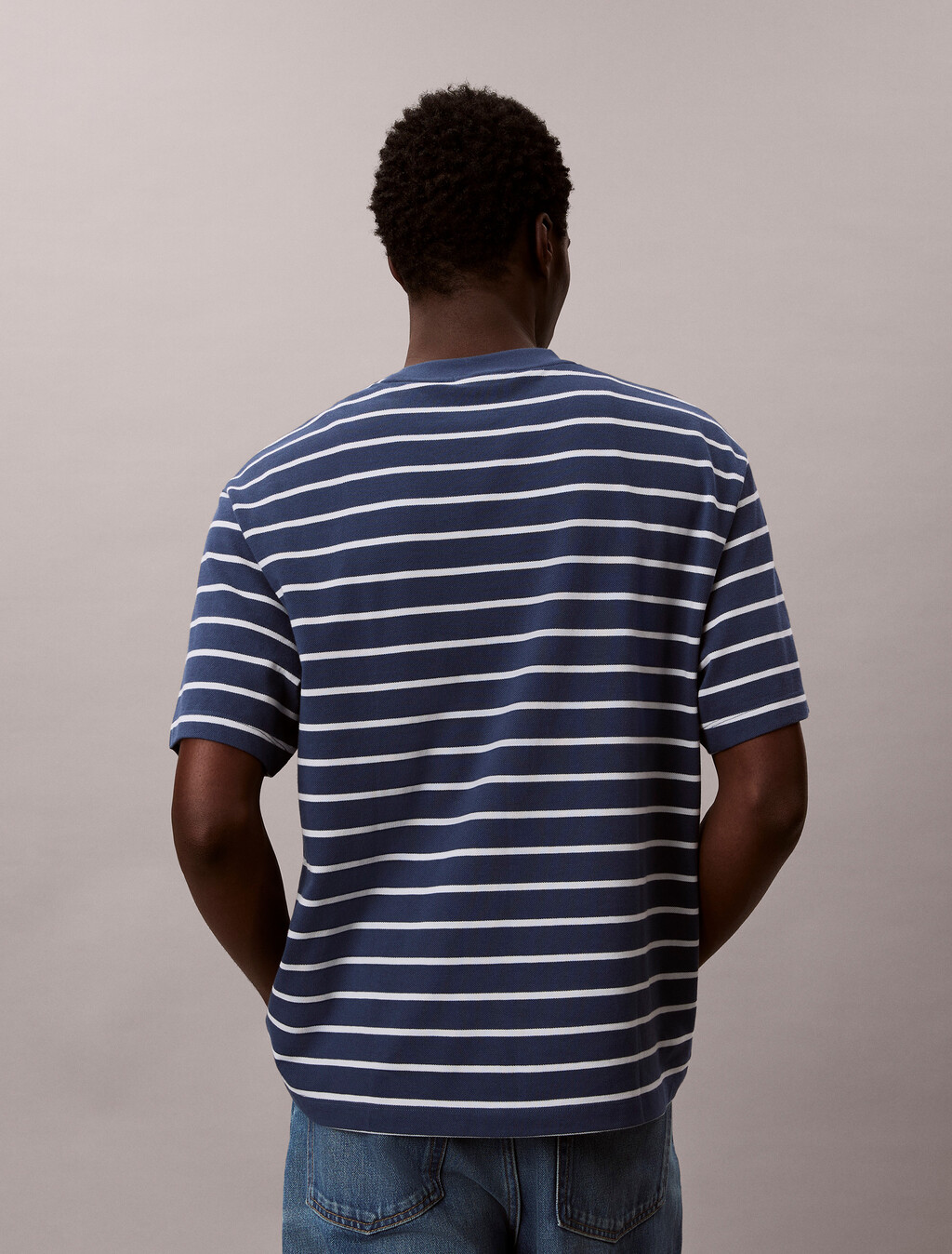 Relaxed Cotton Piqu&eacute; Stripe T-shirt, Dark Denim, hi-res