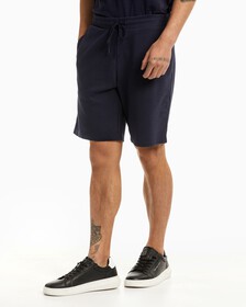ATHLEISURE TWILL INTERLOCK PIPED SWEAT SHORTS, NAVY BLAZER-410, hi-res