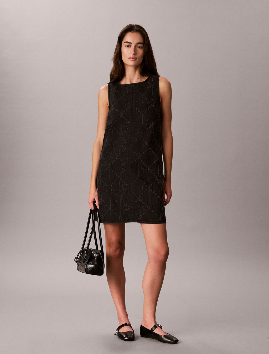 All-Over Logo Denim Mini Dress, CK WORN BLACK, hi-res