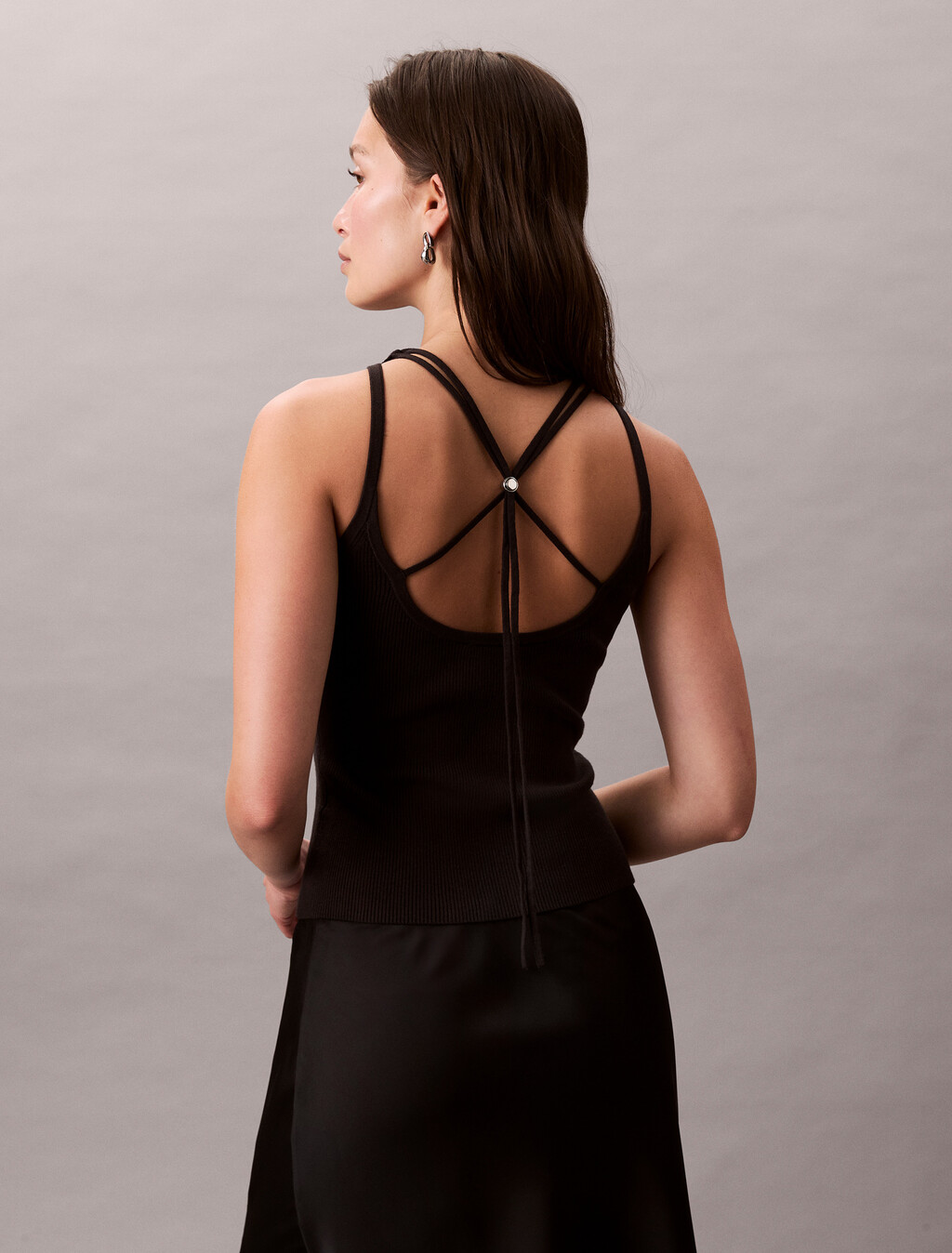 Tie Back Lyocell Rib Knit Tank Top, Black, hi-res