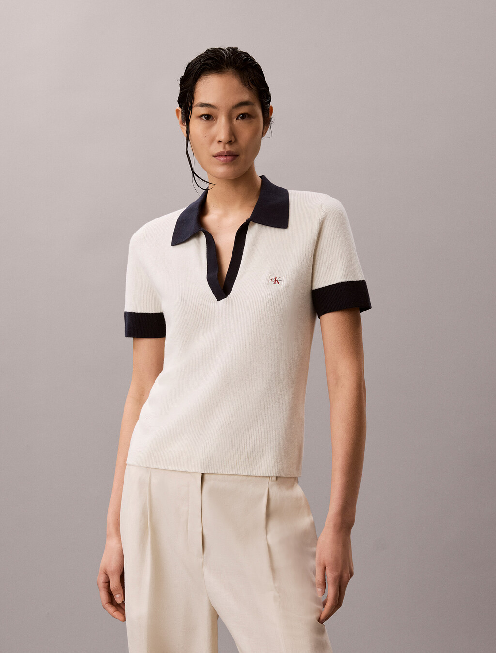 Two-Tone Cotton Knit Polo Shirt, Tofu, hi-res