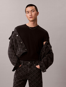 90s Signature Emblem Jacquard Denim Trucker, BLACK EMBLEM, hi-res